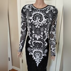 Cache Vintage 80's Glam Beaded Silk Black and White Patterned Long Sleeve Dress